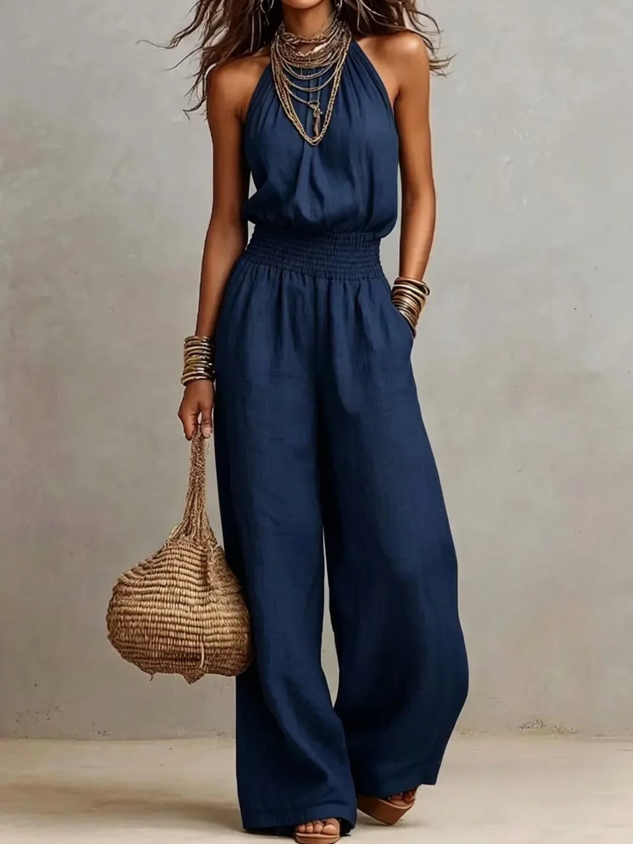 Halter Shirred Pleated Loose Long Jumpsuit