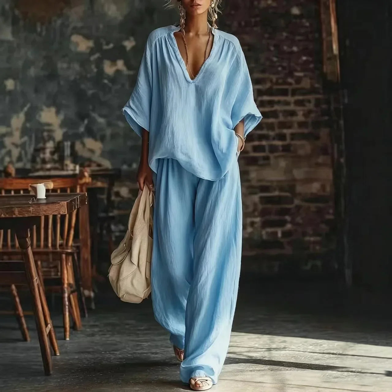 Crinkled Plunging Dropped Wide Loose Set