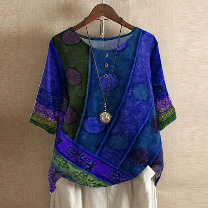 Graphic Crew Neck Curved Hem Medium Sleeve Blouse