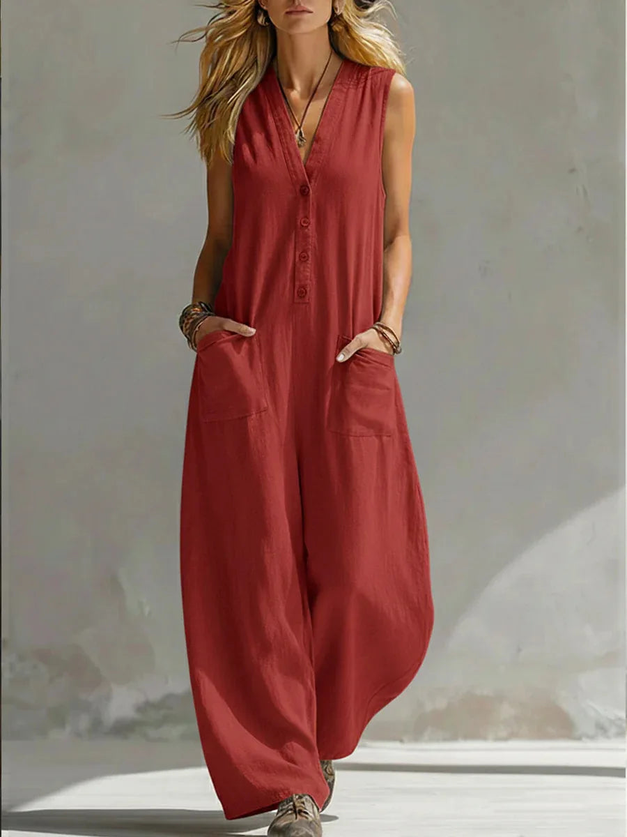 Sleeveless Buttoned Pocketed Relaxed Wide Long Jumpsuit