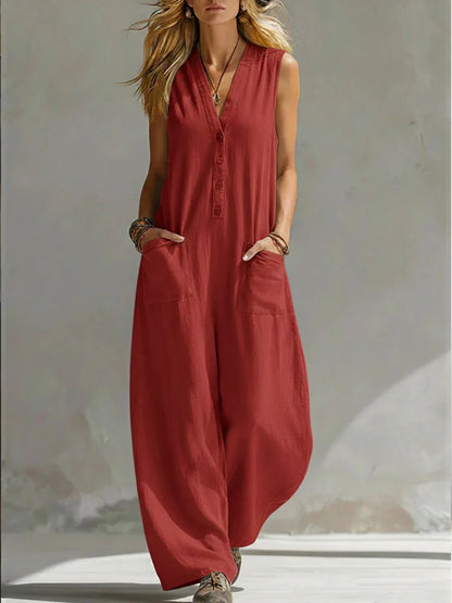 Sleeveless Buttoned Pocketed Relaxed Wide Long Jumpsuit