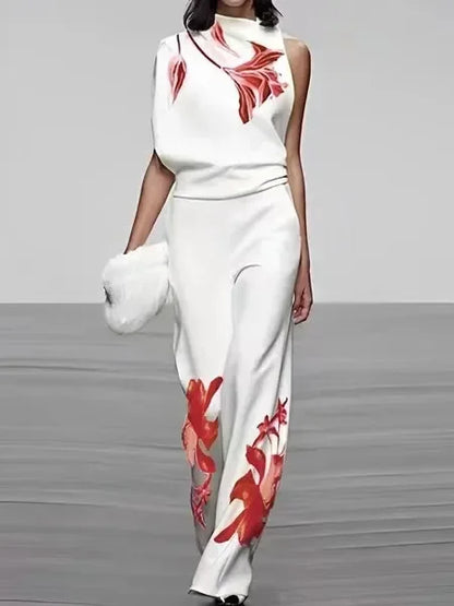 Asymmetric Neck Printed Sleeveless Wide Leg Set