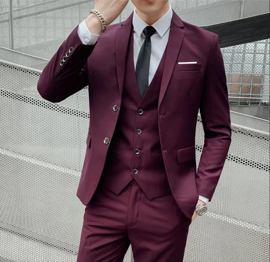Solid Slim Three-Piece Suit Set