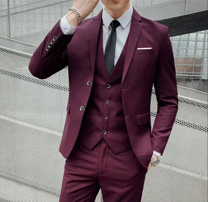 Solid Slim Three-Piece Suit Set