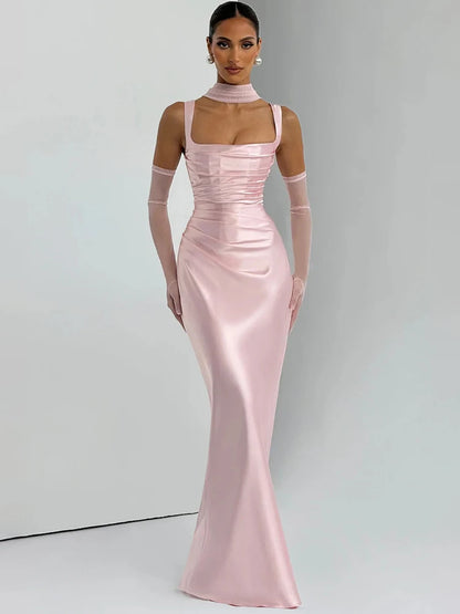 Square Strapped Sleeveless Ruched Fitted Long Dress