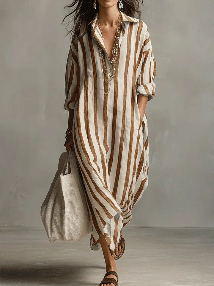 Vertical Striped Collared Oversized Long Dress