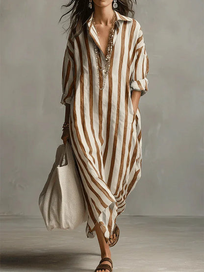 Vertical Striped Collared Oversized Long Dress