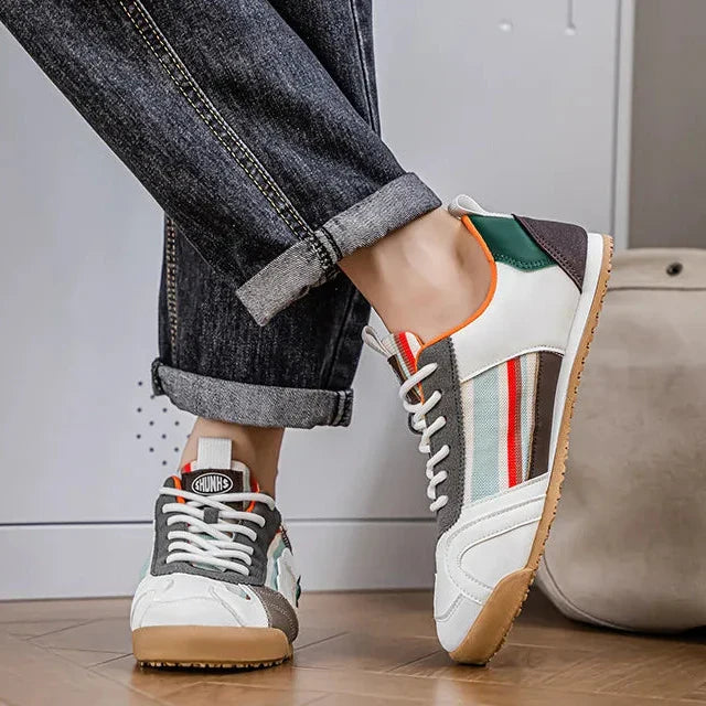 Patched Striped Rounded Textured Flat Sneakers