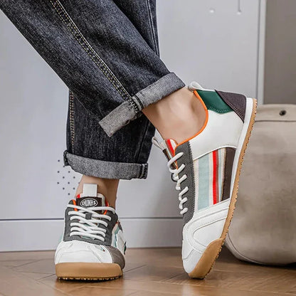 Patched Striped Rounded Textured Flat Sneakers