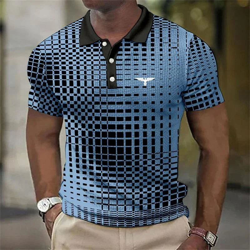 Men's Contrast Collar Short Sleeve Geometric Print Stretch Polo Shirt