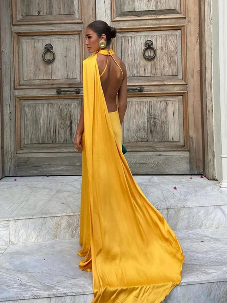 Asymmetrical Halter Sleeveless Draped Maxi Dress