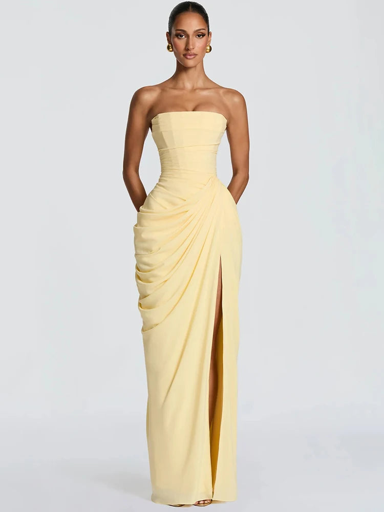 Strapless Ruched High Slit Sleeveless Maxi Dress