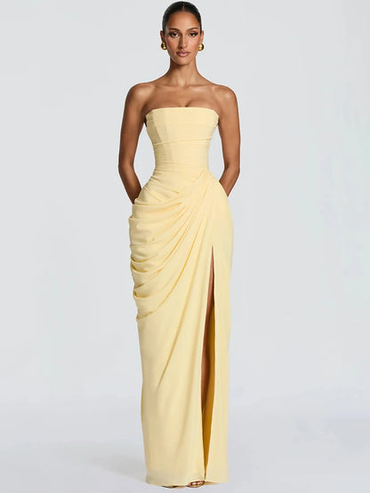 Strapless Ruched High Slit Sleeveless Maxi Dress