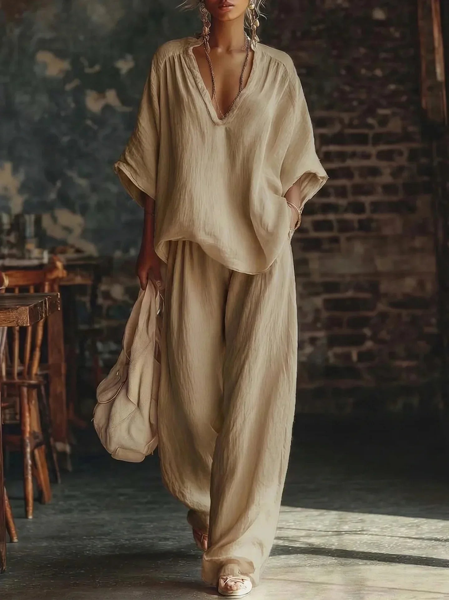 Crinkled Plunging Dropped Wide Loose Set