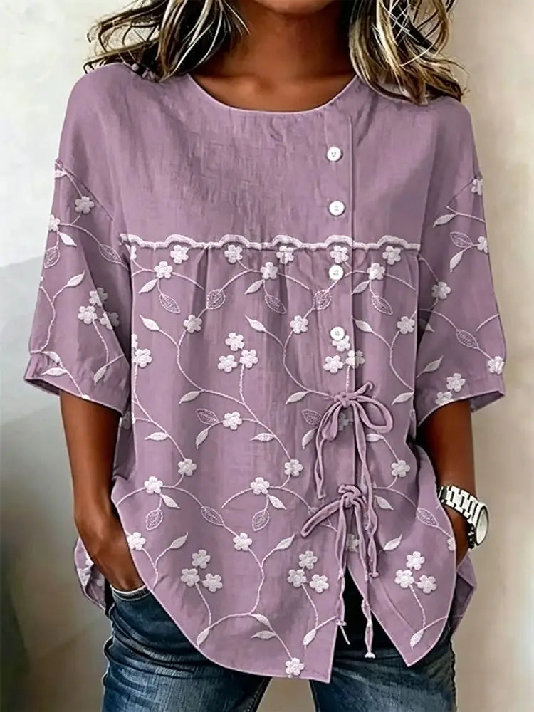 Crew Neck Side Tie Blouse