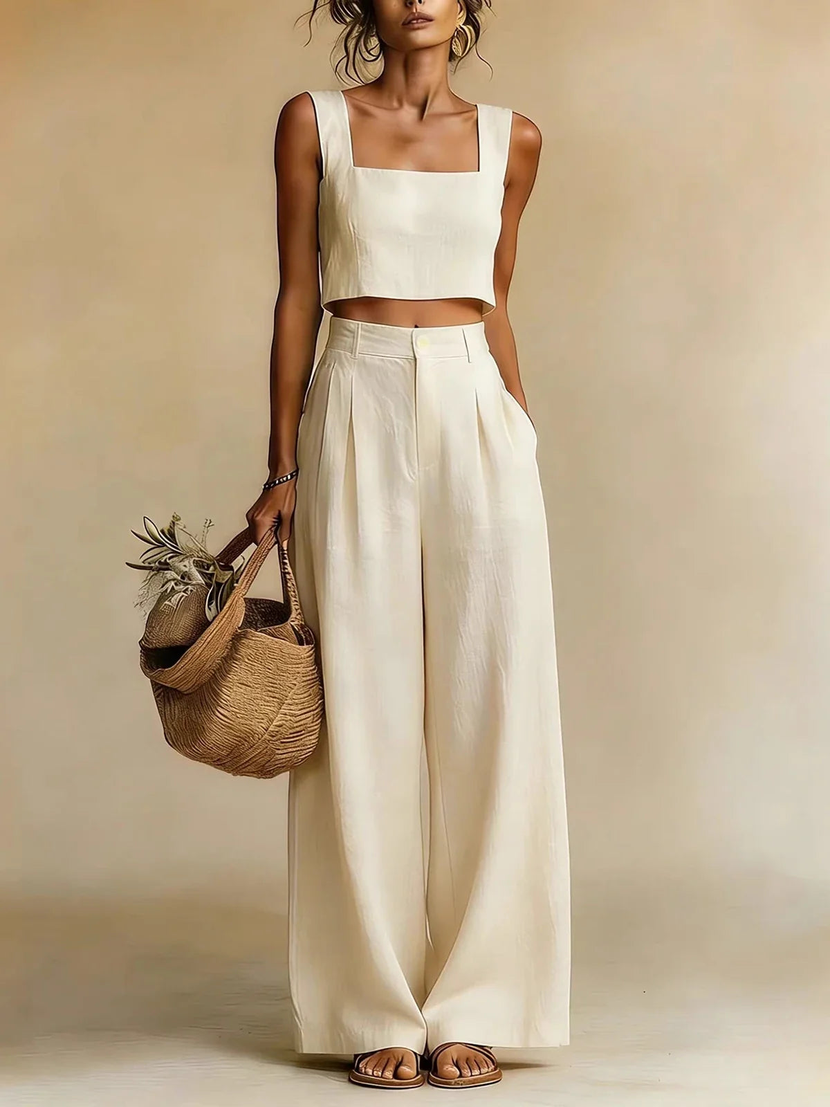 Cropped Sleeveless Pleated Wide Pocketed Set