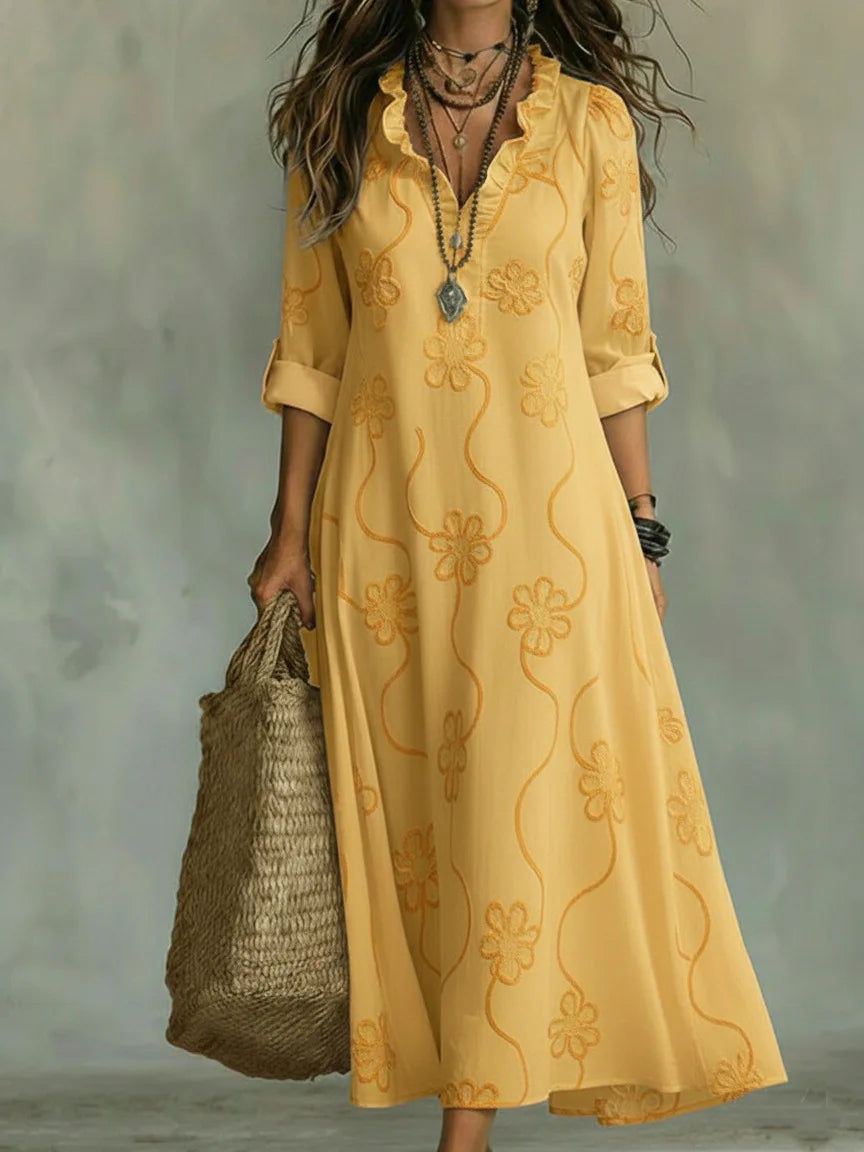 Three Quarter Sleeve Split Neck Maxi Dress