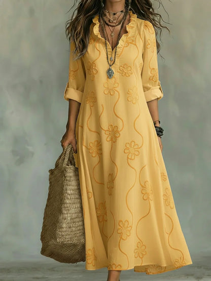Three Quarter Sleeve Split Neck Maxi Dress