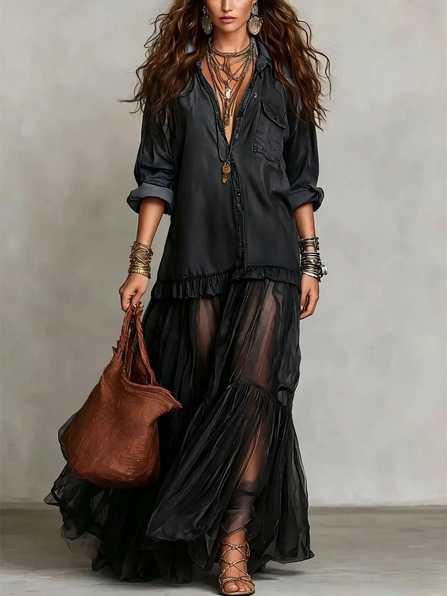 Collared Buttoned Pocketed Tiered Long Dress