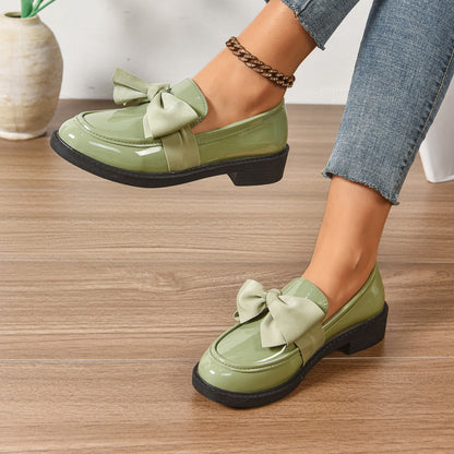 Round Toe Knot Detail Slip On Block Heel Loafers