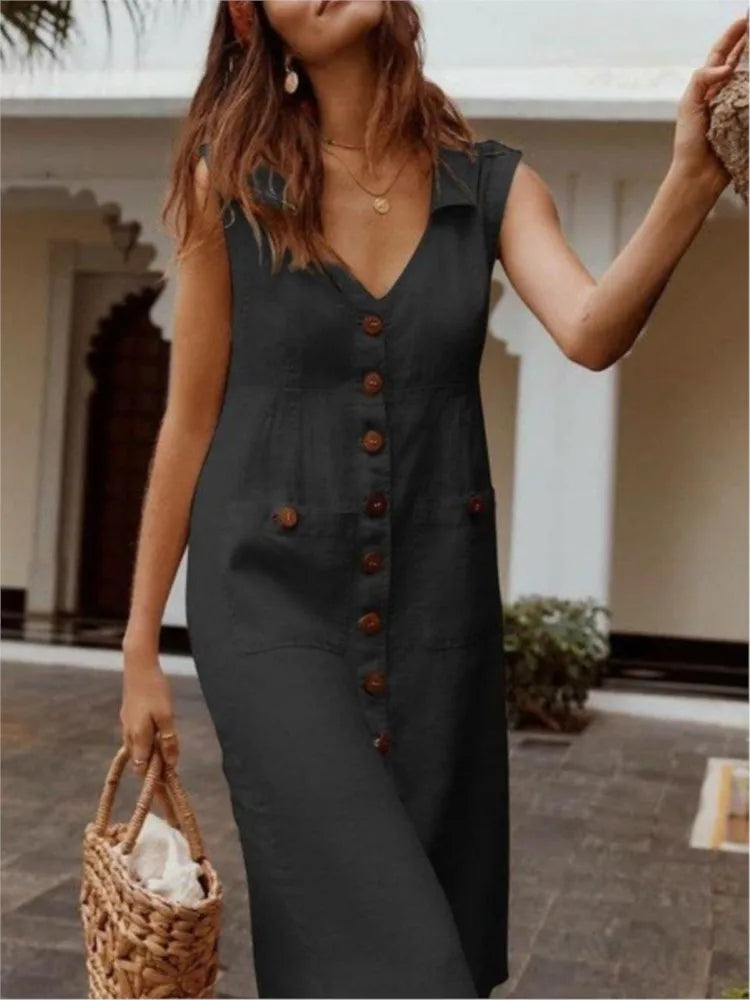Sleeveless Buttoned Pocketed Midi V Neck A Line Dress