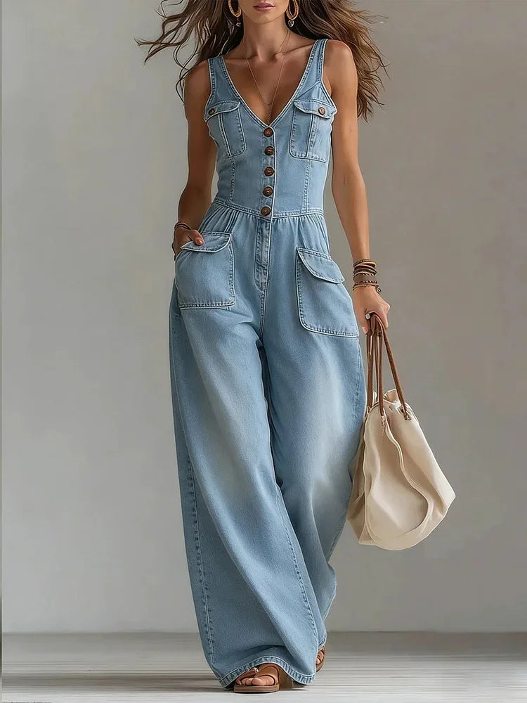 Sleeveless Buttoned Pocketed Plunging Wide Jumpsuit