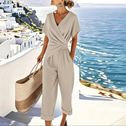 Surplice Pocketed Wide-Leg Set