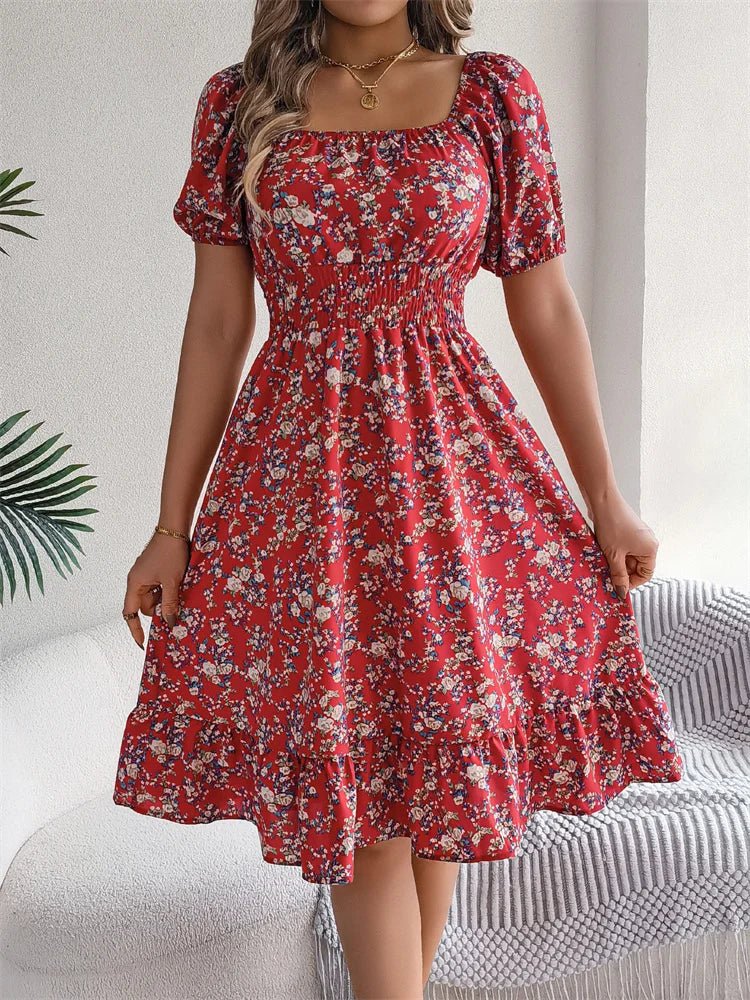Square Neck Smocked Puff Sleeve Floral Midi Dress