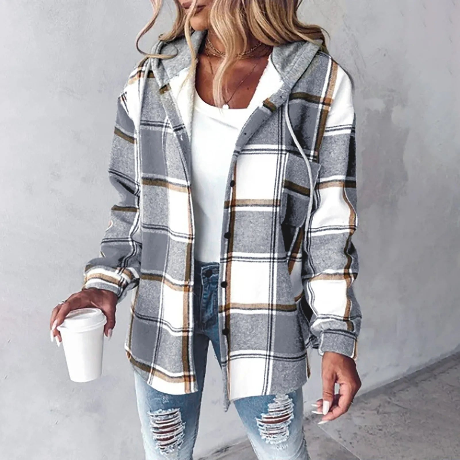 Women's Hooded Plaid Shirt Jacket