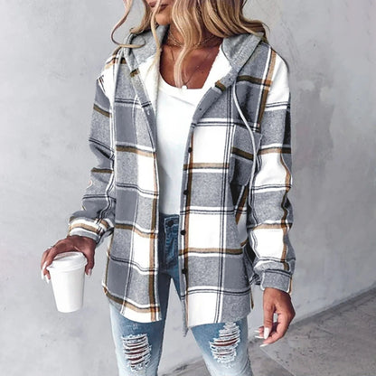 Women's Hooded Plaid Shirt Jacket