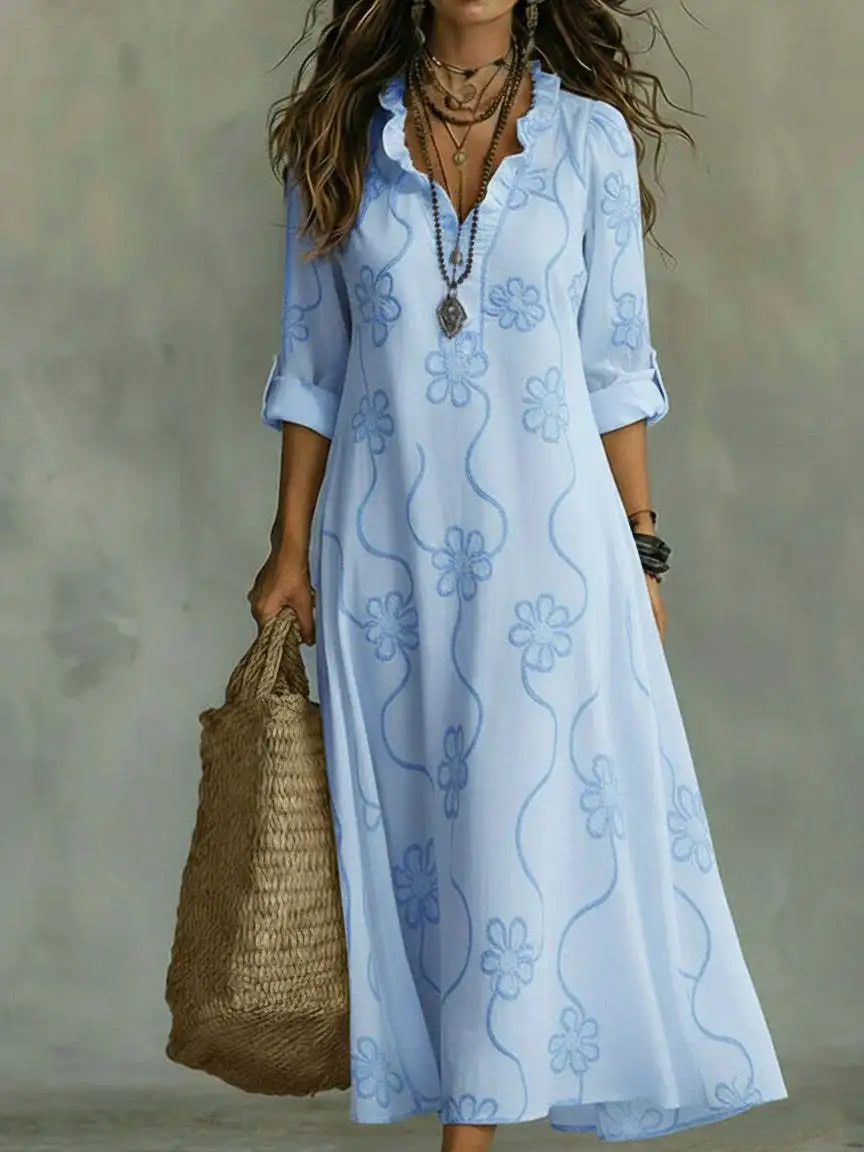 Three Quarter Sleeve Split Neck Maxi Dress