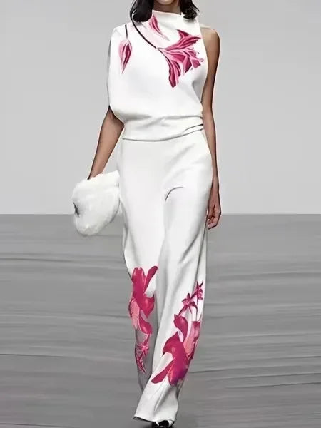 Asymmetric Neck Printed Sleeveless Wide Leg Set