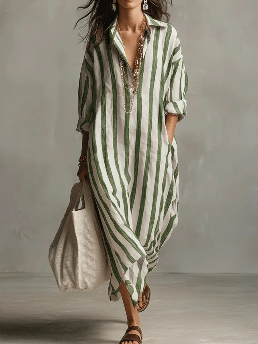 Vertical Striped Collared Oversized Long Dress