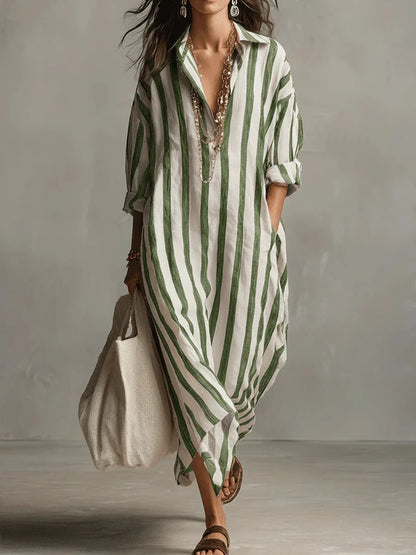 Vertical Striped Collared Oversized Long Dress