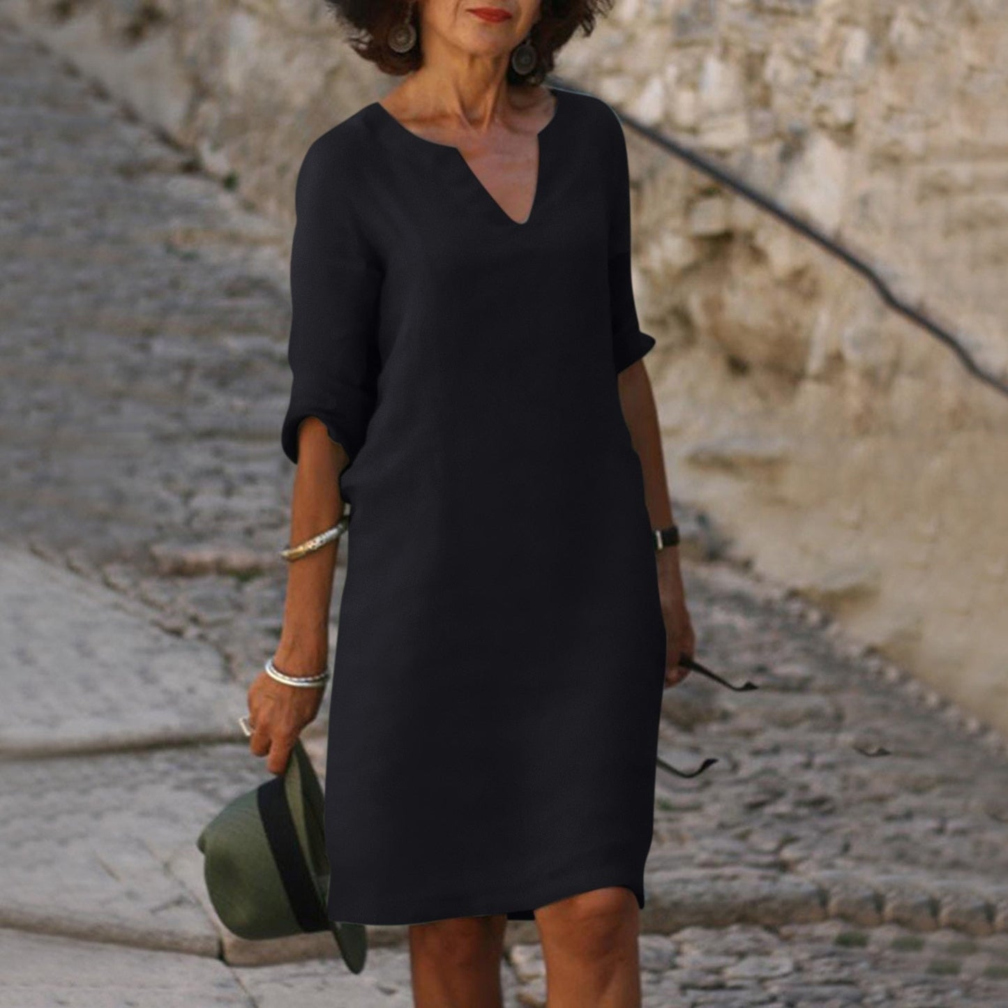 Straight Silhouette Split Neck Loose Fit Midi Dress