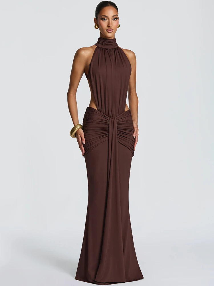 Sleeveless Side Cutout Gathering Floor Length Dress
