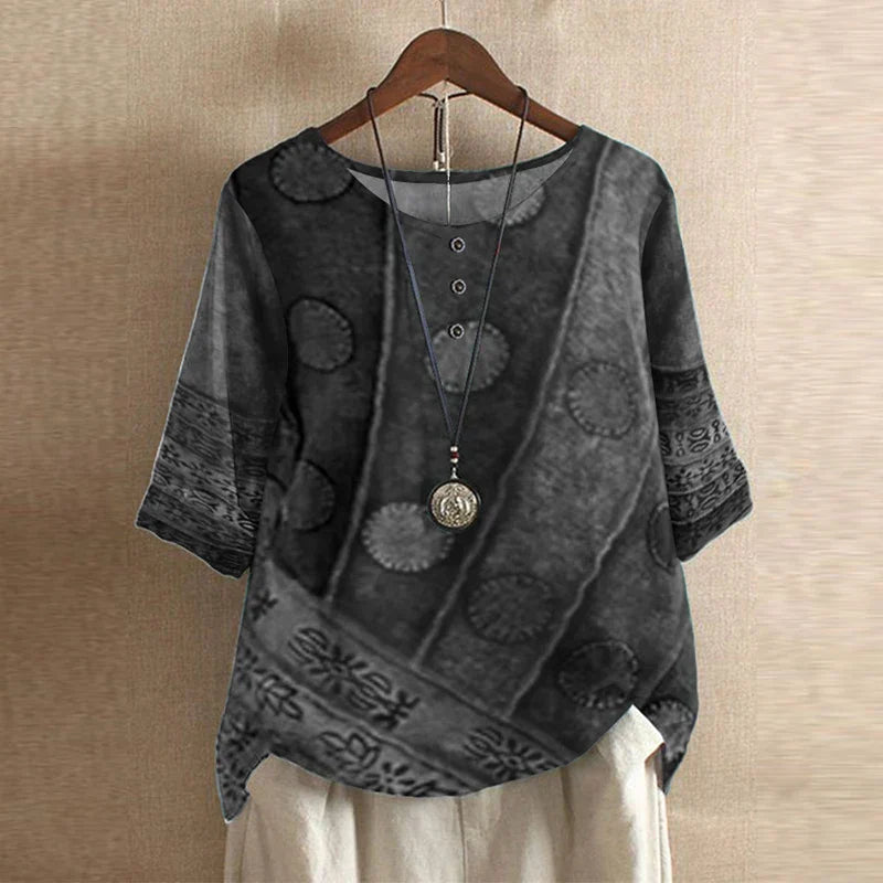 Graphic Crew Neck Curved Hem Medium Sleeve Blouse
