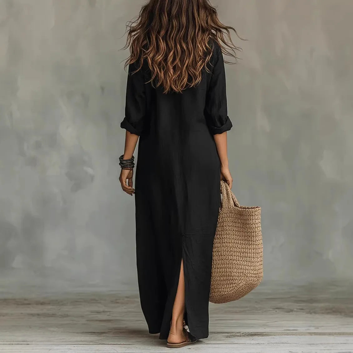 Collared Buttoned Loose Front Slit Dress