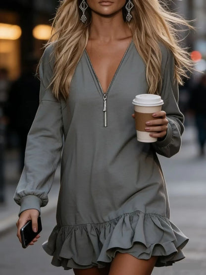 Long Cuffed Zippered Loose Ruffled Mini Dress