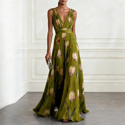 Printed Sleeveless Cinched Gathered Flared Long Dress