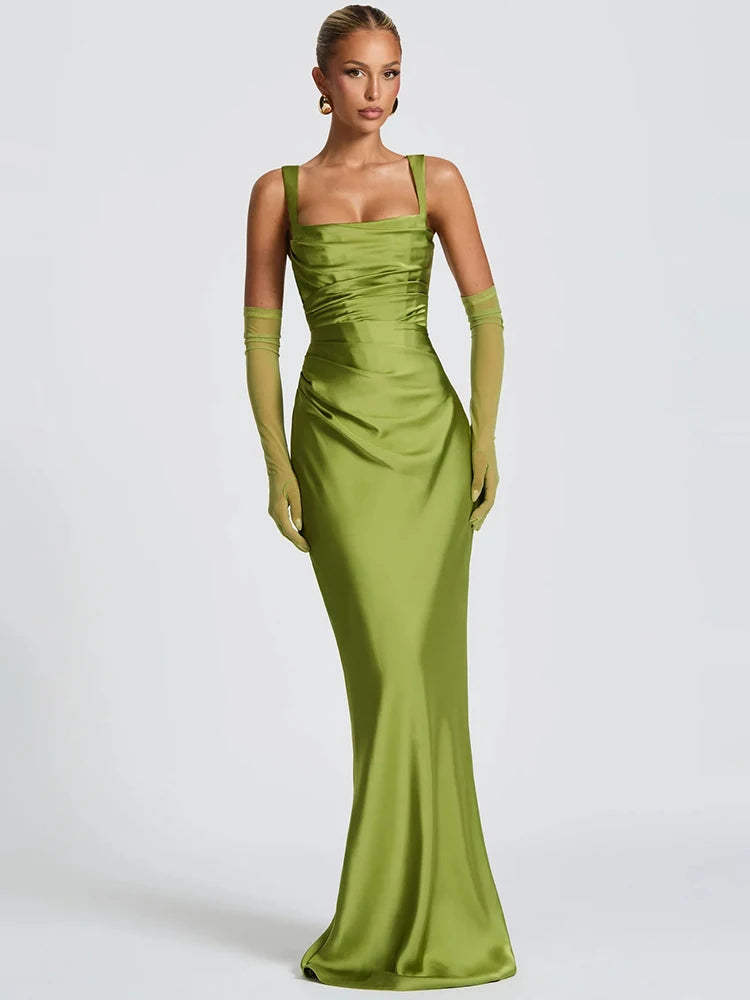 Square Strapped Sleeveless Ruched Fitted Long Dress