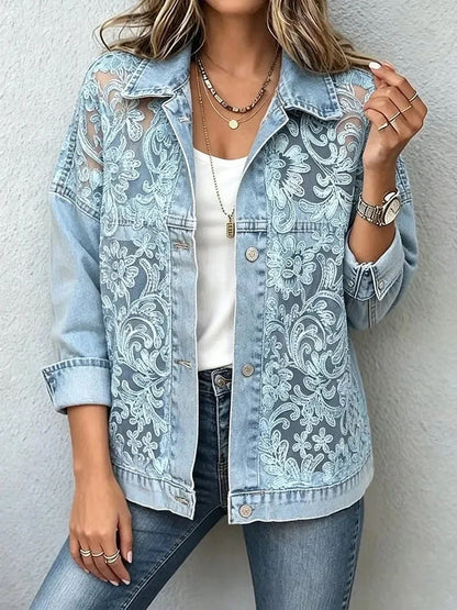 Collared Buttoned Floral Sheer Paneled Cuffed Blazer