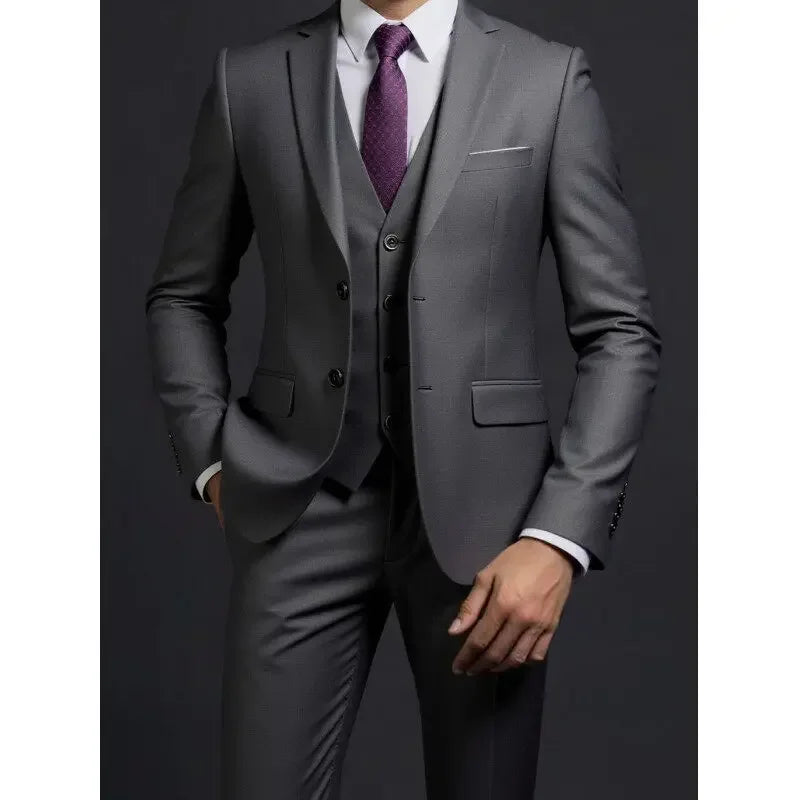 Solid Slim Three-Piece Suit Set