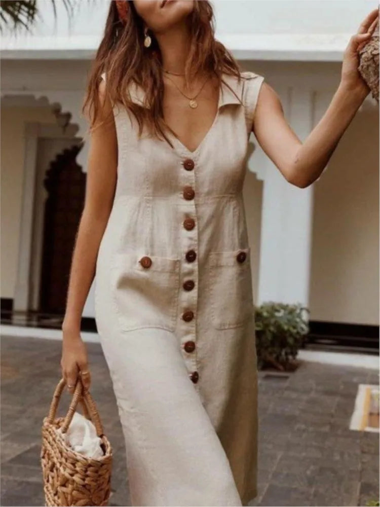 Sleeveless Buttoned Pocketed Midi V Neck A Line Dress
