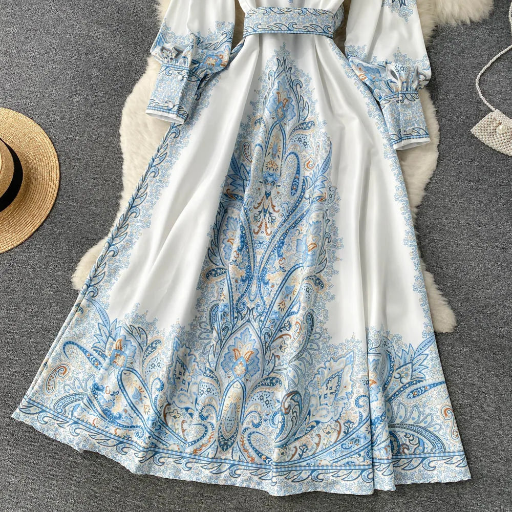 Paisley Printed Belted Bishop Sleeve Maxi Dress