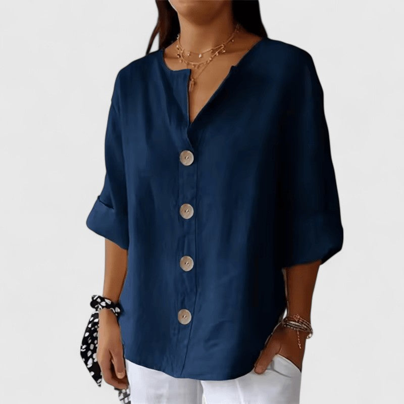 Three Quarter Sleeve V Neck Button Up Solid Loose Blouse