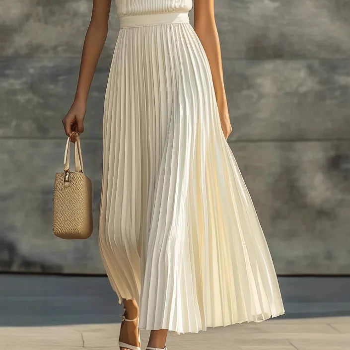 Sleeveless Round Fitted Banded Pleated Maxi Dress