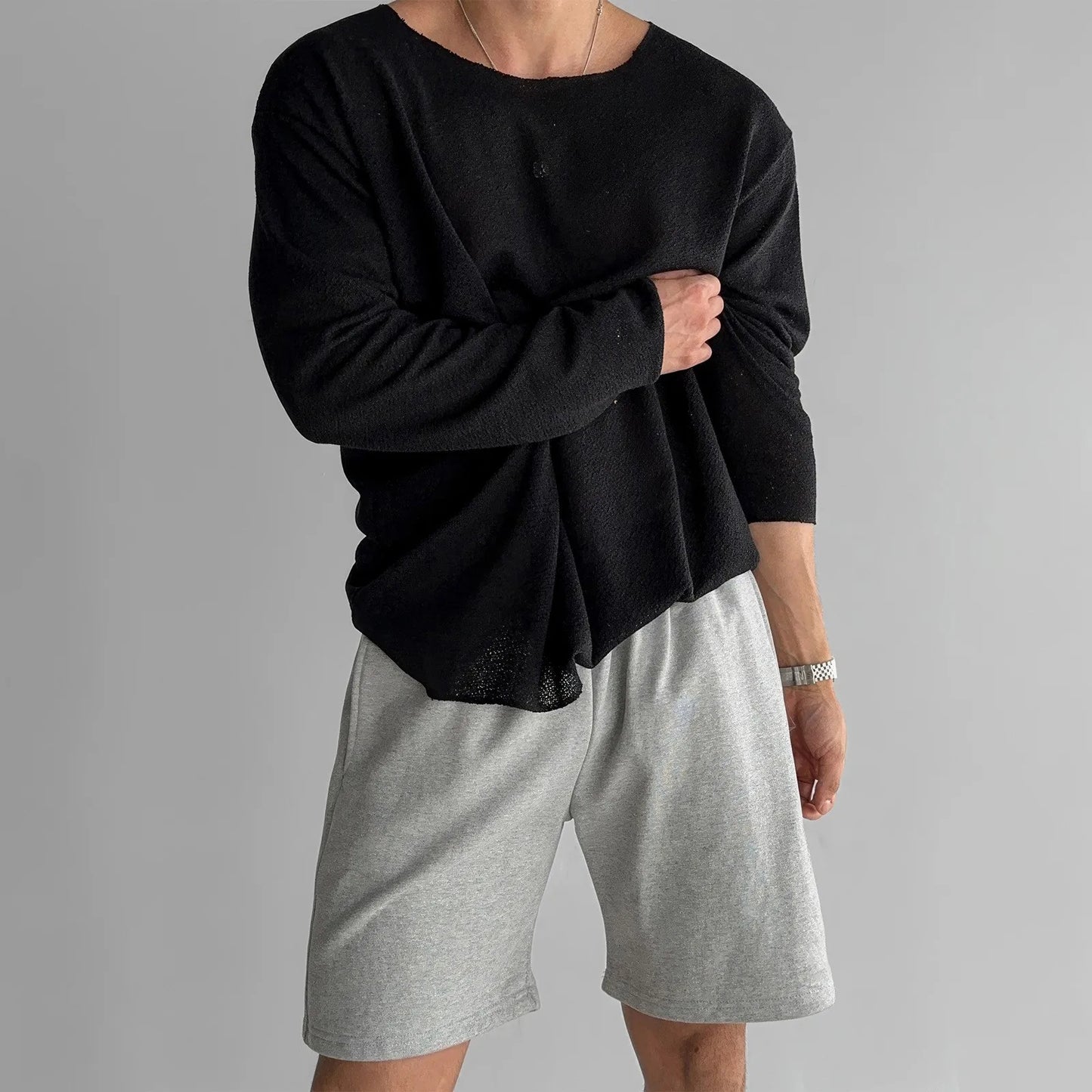 Men's Crew Neck Long Sleeve Loose Fit Knit Shirt