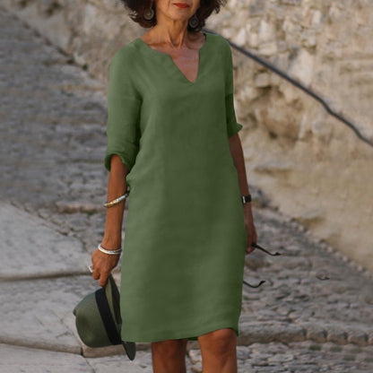 Straight Silhouette Split Neck Loose Fit Midi Dress