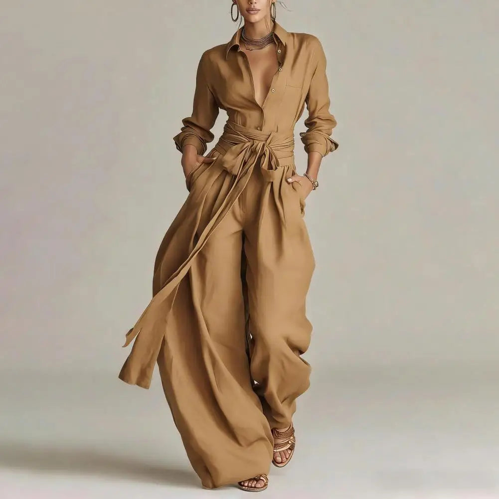 Collared Buttoned Tied Pleated Wide Set